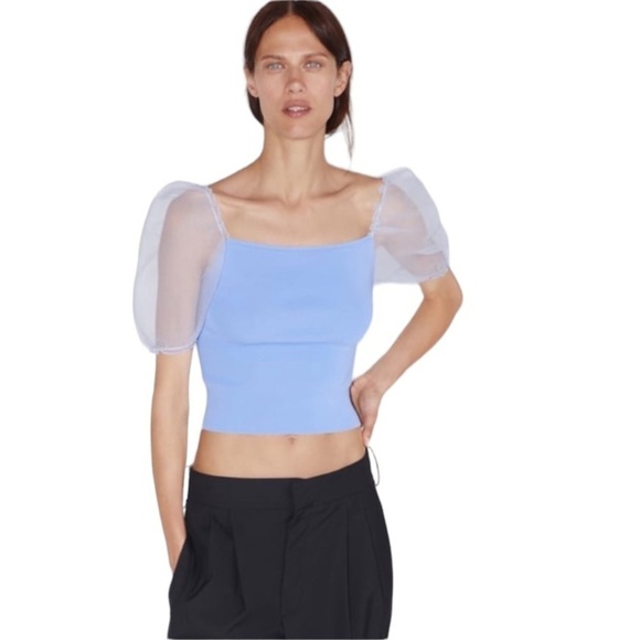 Zara Periwinkle Stretchy Knit Sheer Balloon Sleeve Cropped Square Neck Top S - Picture 2 of 9